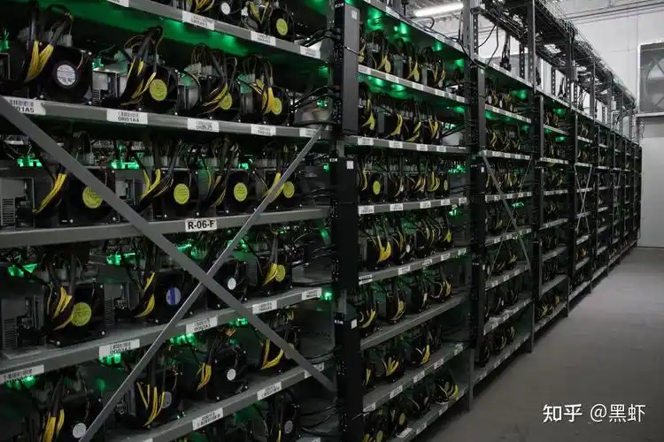 A vast Bitcoin mining farm with rows of ASIC miners humming