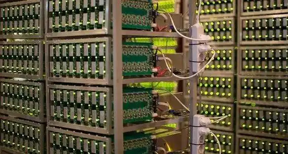 Extensive Bitcoin mining farm with rows of mining machines under controlled temperature