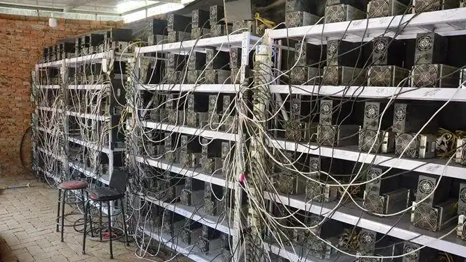 Expansive cryptocurrency mining farm with rows of ASIC miners